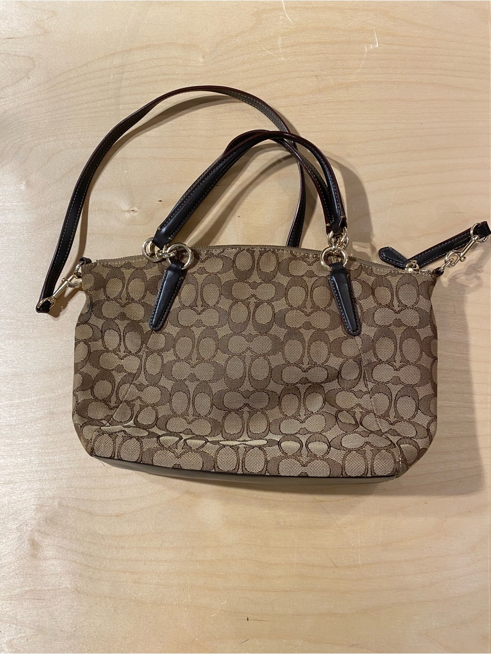 Coach Monogram Canvas Crossbody Satchel in Khaki and Dark Brown (SK) - Picture 9 of 11